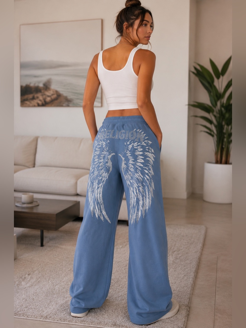 NWT True Religion Winged Crystal Horseshoe Baggy Wide Leg Sweatpants Blue Medium